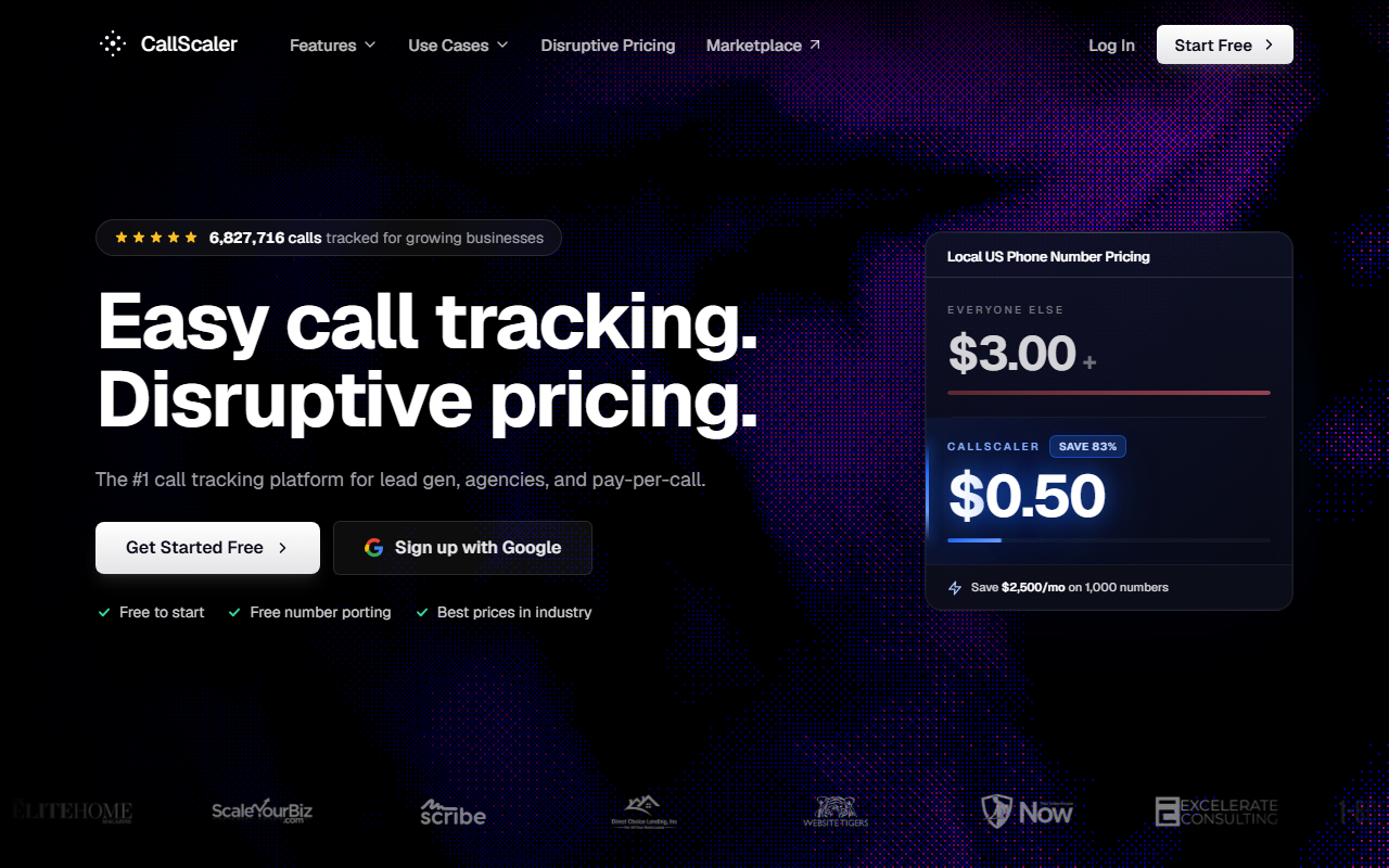 Screenshot of the CallScaler homepage captured for this review